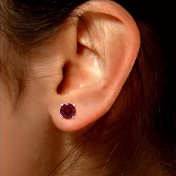 4 CT LAB CREATED RED RUBY STUD EARRINGS 14K WHITE GOLD ROUND CUT 7MM PUSH BACK - Picture 2 of 7